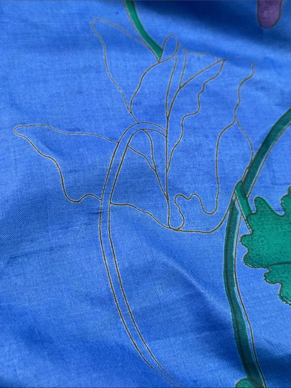 Vibrant Blue Floral Silk Scarf block printed stunning 35” by 36”